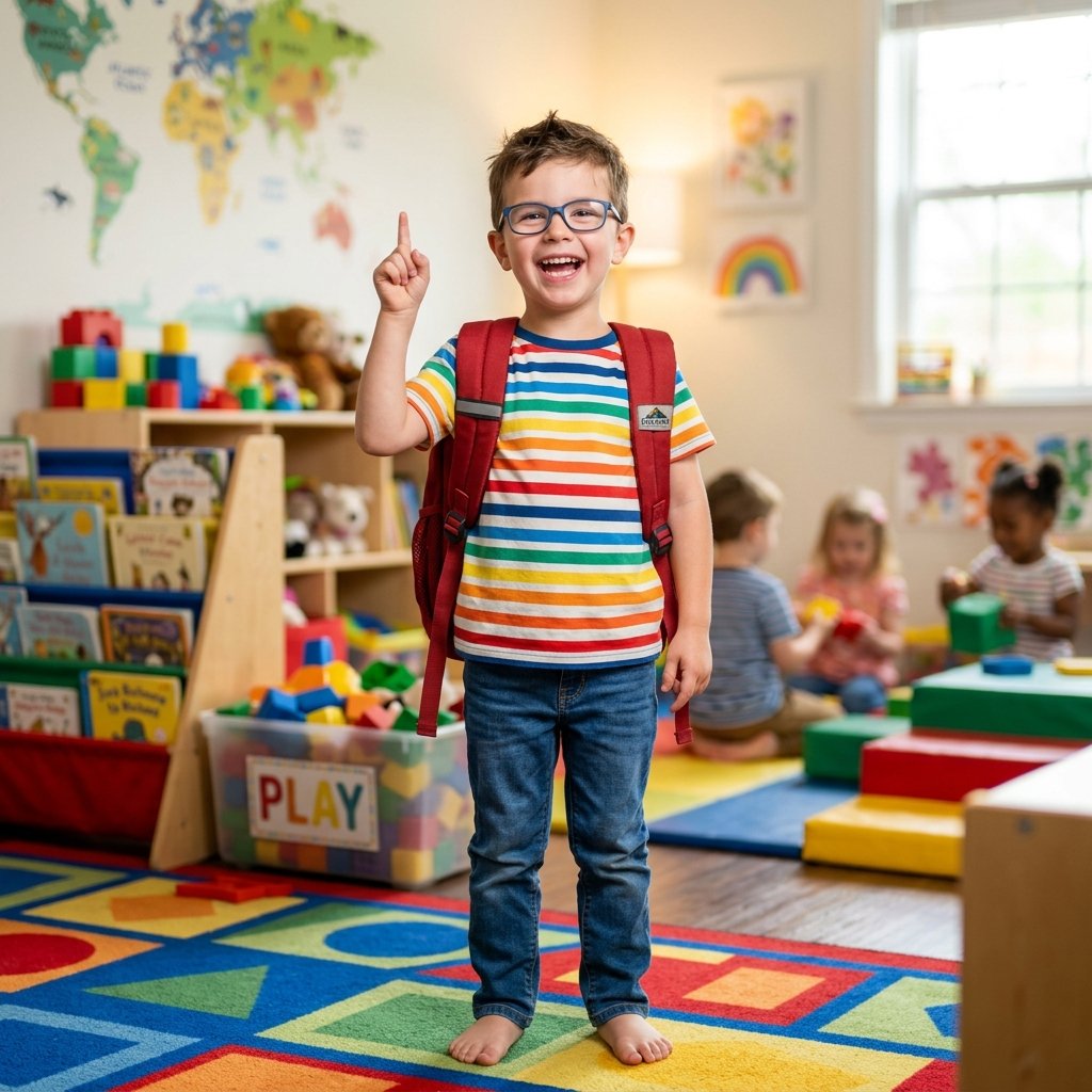 Young boy smiling with backpack pointing upwards