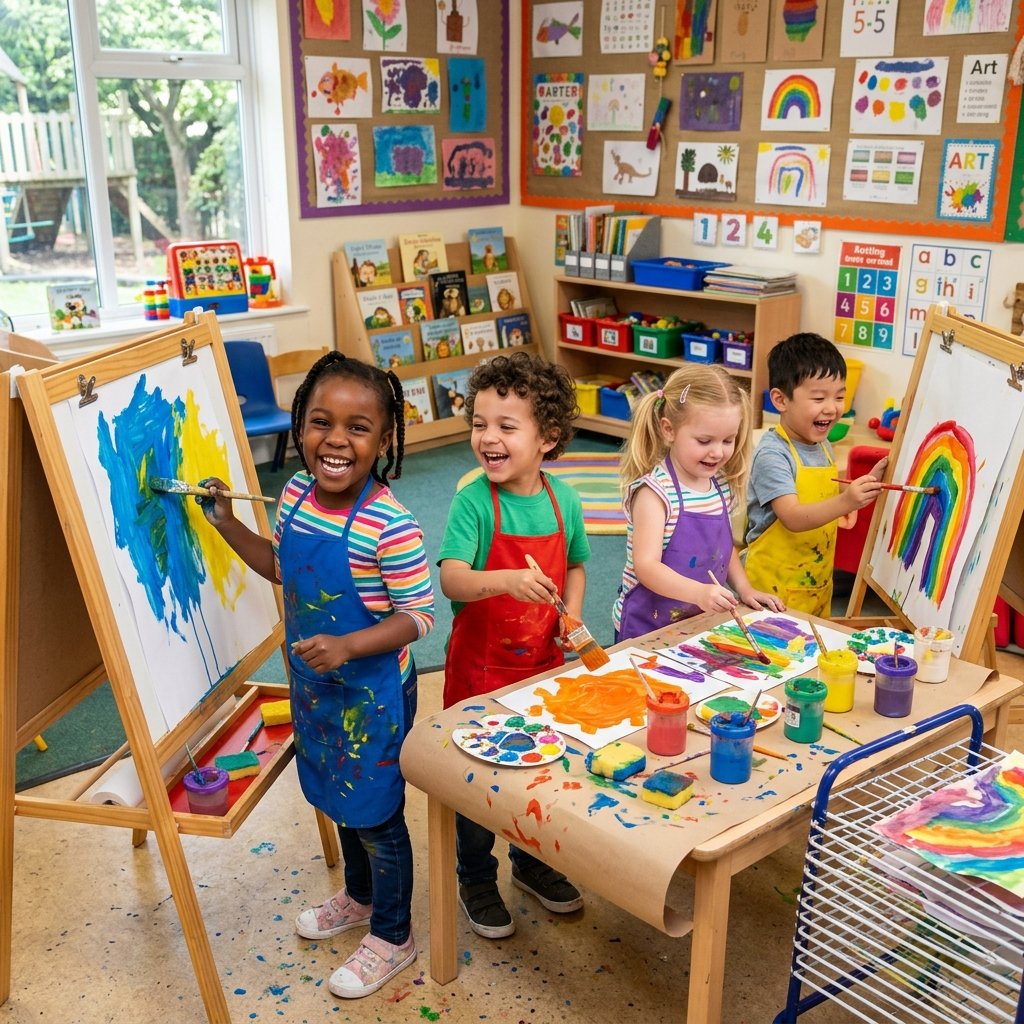 Kids painting during class
